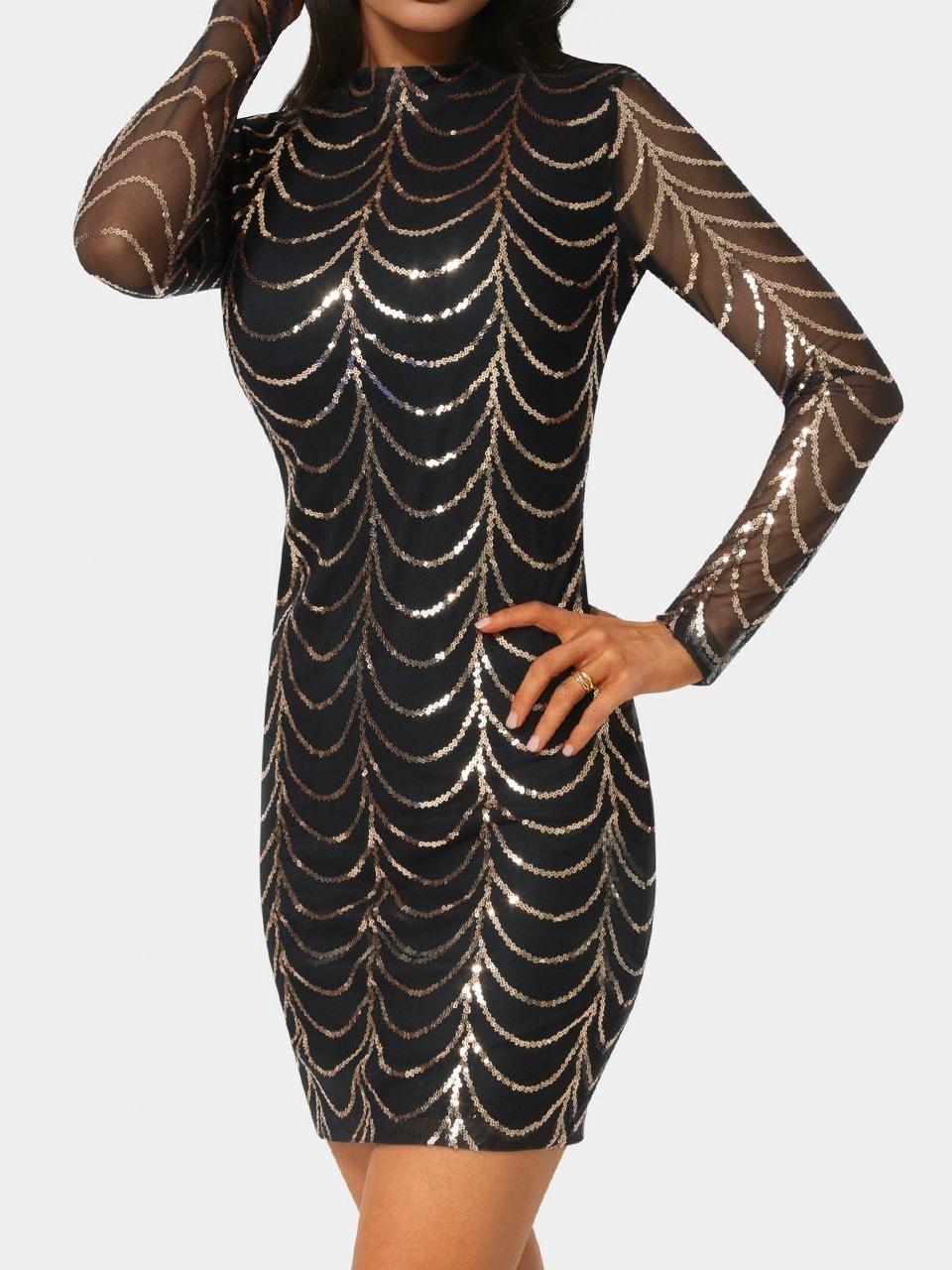 Long Sleeve Sequins Mesh Mockneck Mini Dress