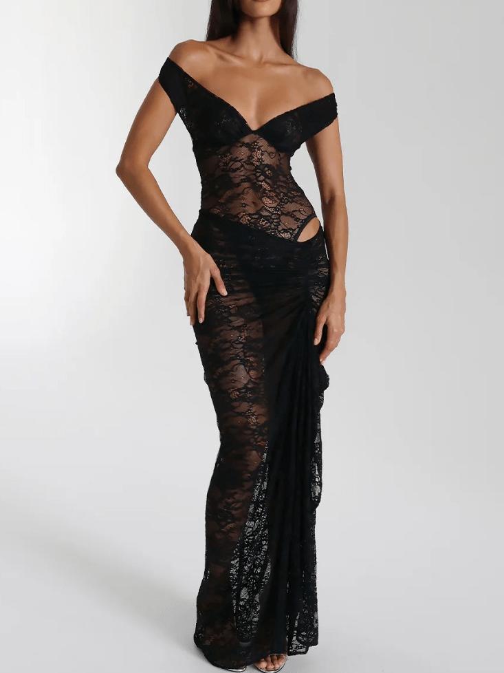 Lace Off Shoulder Ruched Maxi Dress
