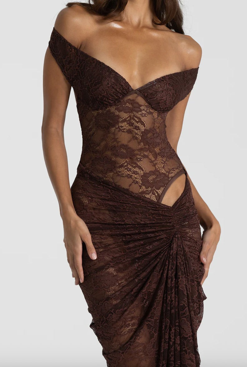 Lace Off Shoulder Ruched Maxi Dress