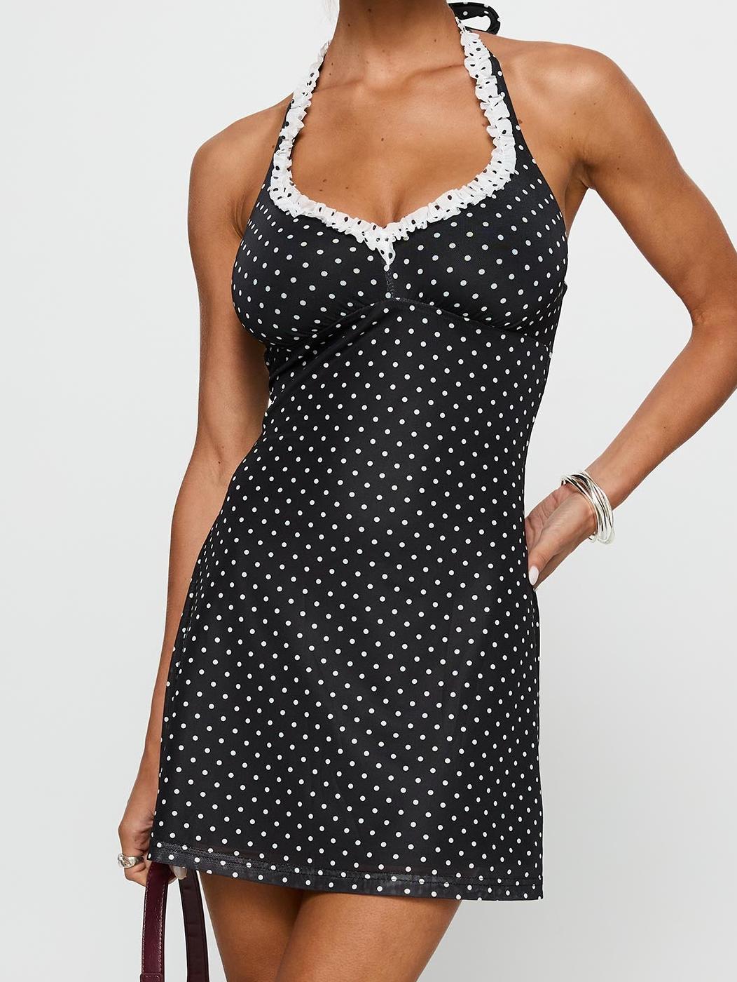 Black Beauty Halter Mini Dress Black / Polka
