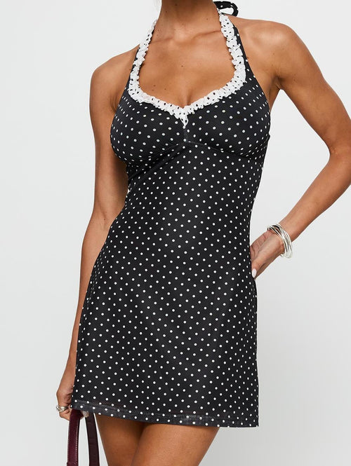 Black Beauty Halter Mini Dress Black / Polka