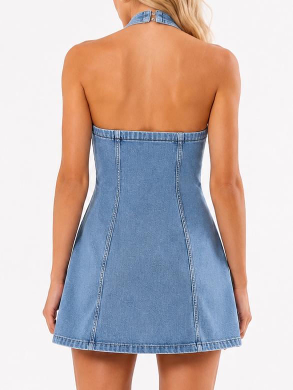 Lace Trim Denim Halter Mini Dress