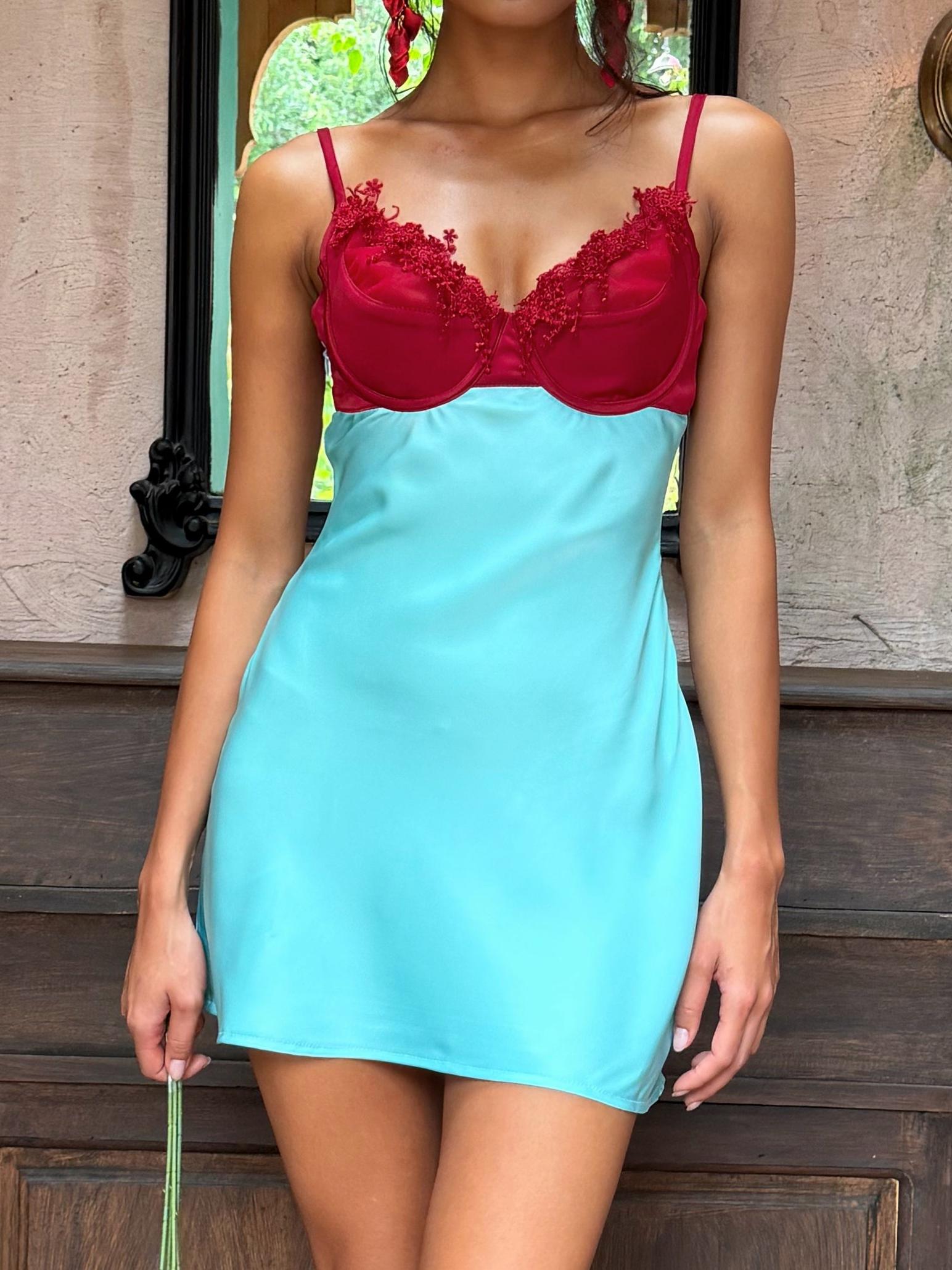 Two-Tone Lace Trim Satin Mini Dress