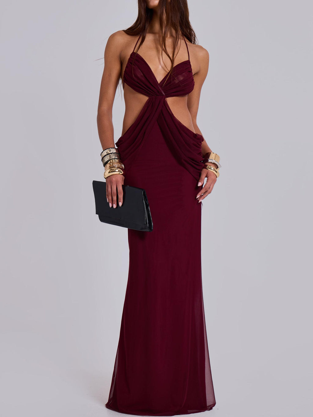 Hesperia Draped Maxi Dress in Burgundy