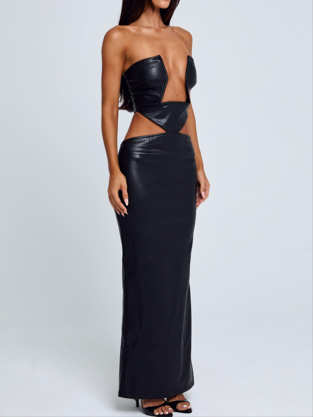 Black Leather Cut-Out Maxi Dress