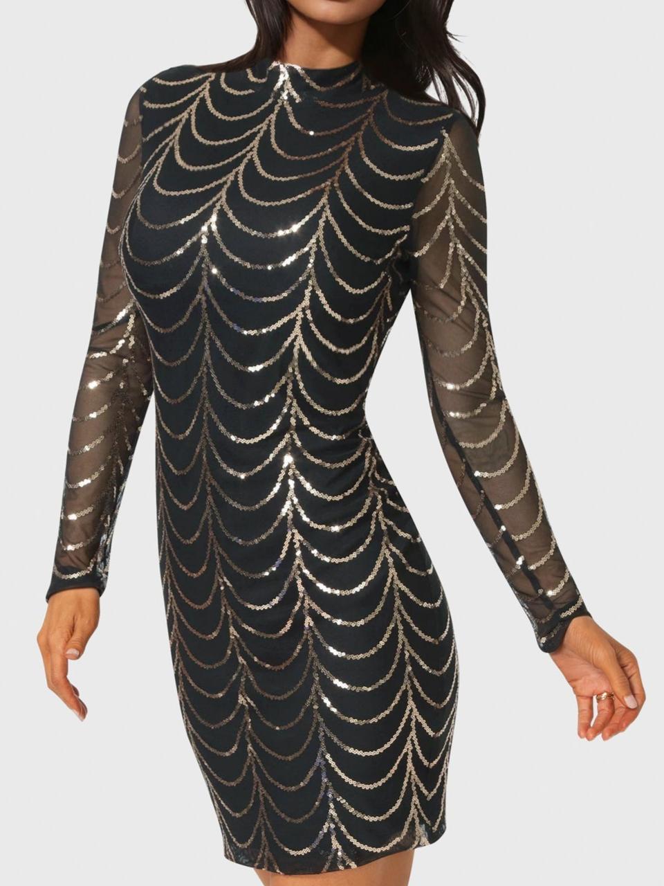 Long Sleeve Sequins Mesh Mockneck Mini Dress