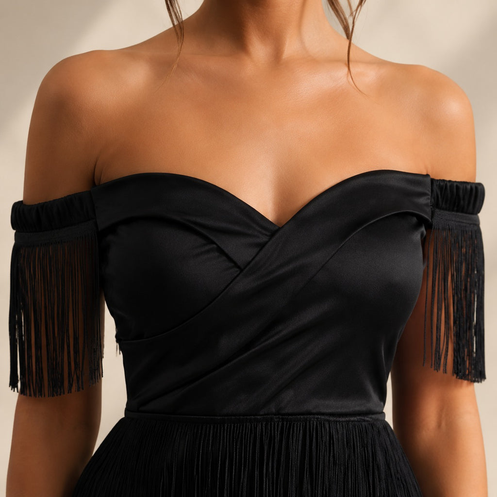 Celeste Off Shoulder Fringe Mini Dress