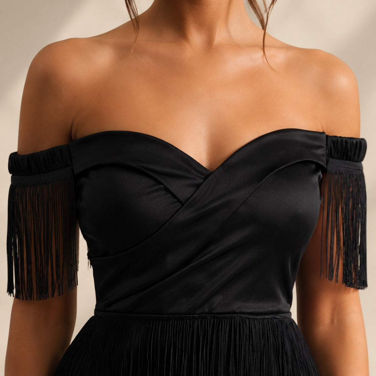 Celeste Off Shoulder Fringe Mini Dress