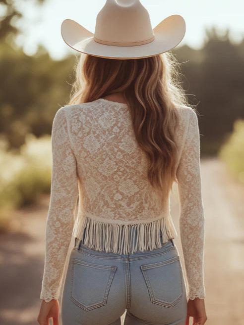 White Lace Fringe V Neck Blouse Western Top