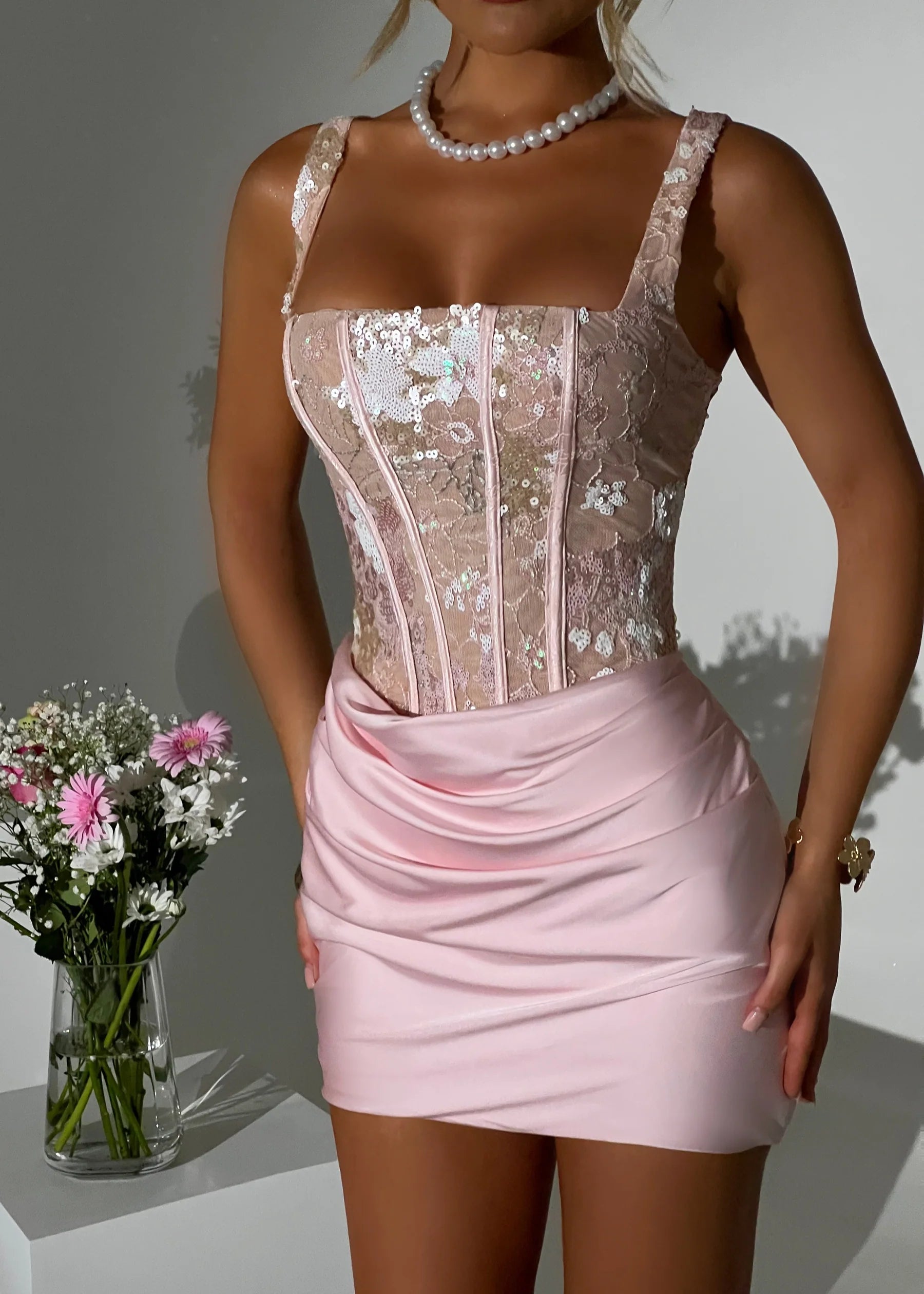 Enchanted Charm Floral Corset Mini Dress -Pink