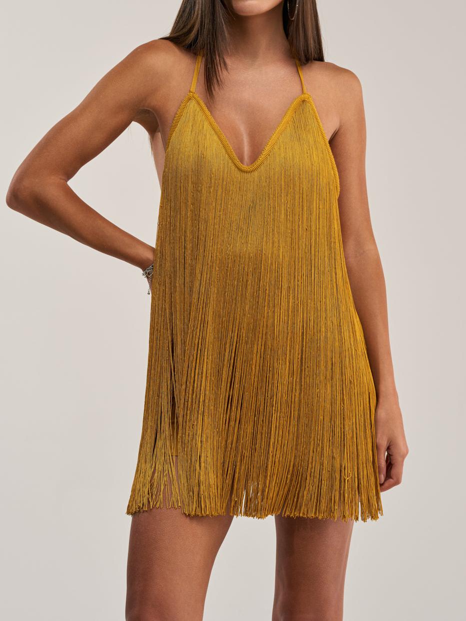 Golden Fringe Slip Mini Dress
