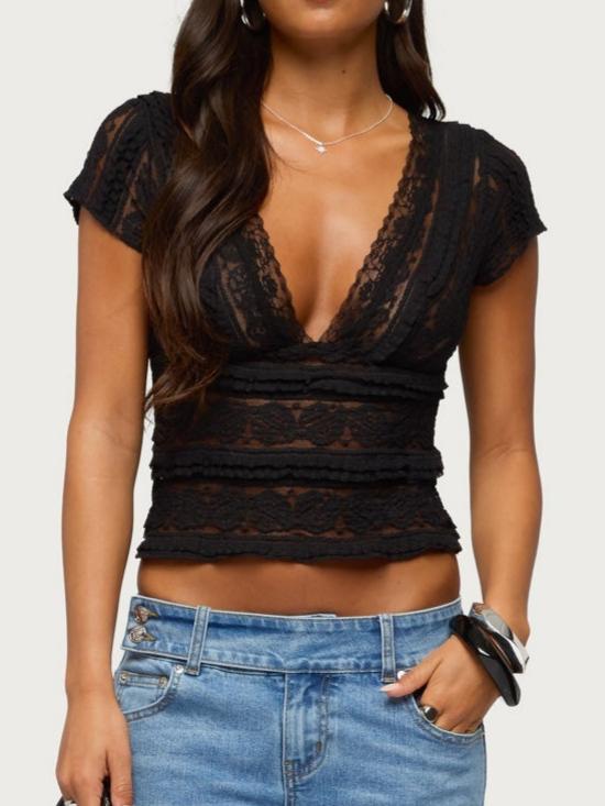 Avalee Sheer Lace V Neck Top