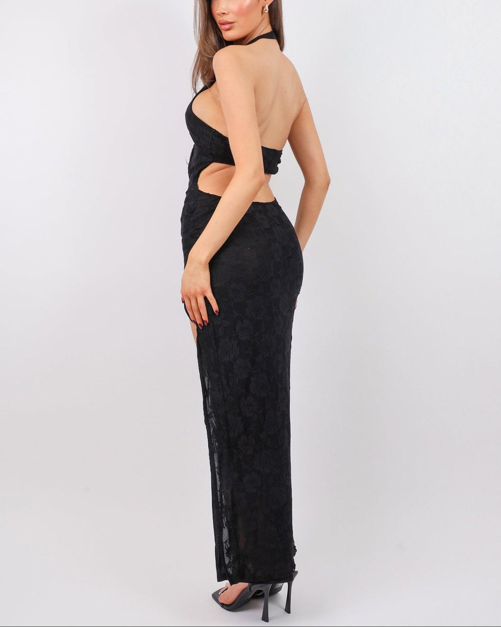 Noir Black Lace Thigh Split Maxi Dress