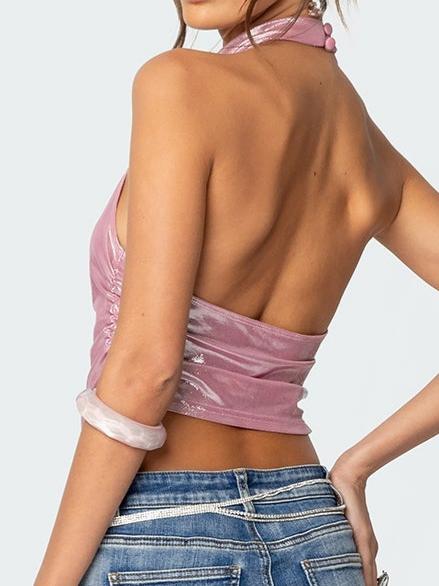 Shiny Backless Cowl Neck Top