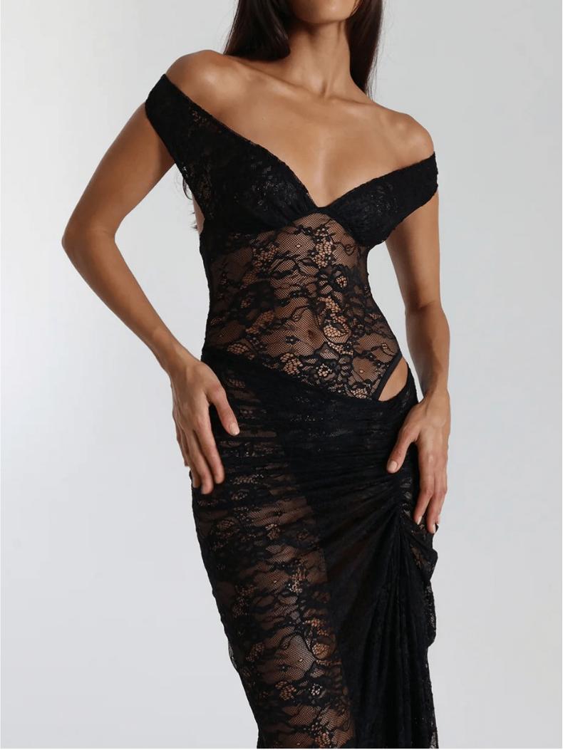 Lace Off Shoulder Ruched Maxi Dress