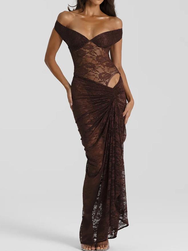 Lace Off Shoulder Ruched Maxi Dress