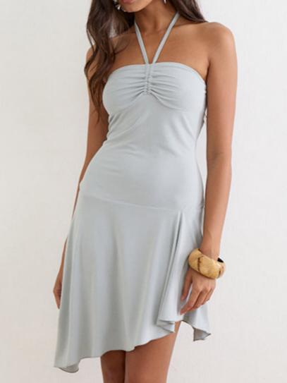 Halterneck Mini Dress in Cupro Ice Blue