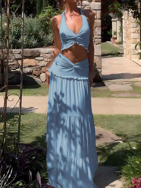 Vacation Glamorous Halter Crop Top & Maxi Skirt Set