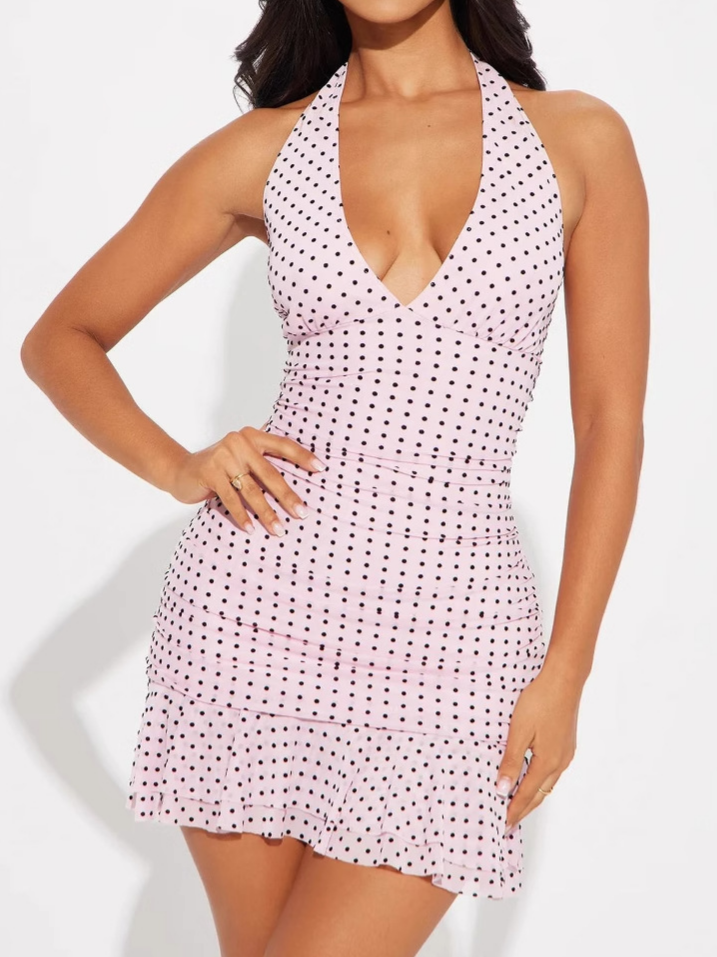 Halter Neck Fitted Polka Dot Waist-Cinching Bodycon Mini Dress