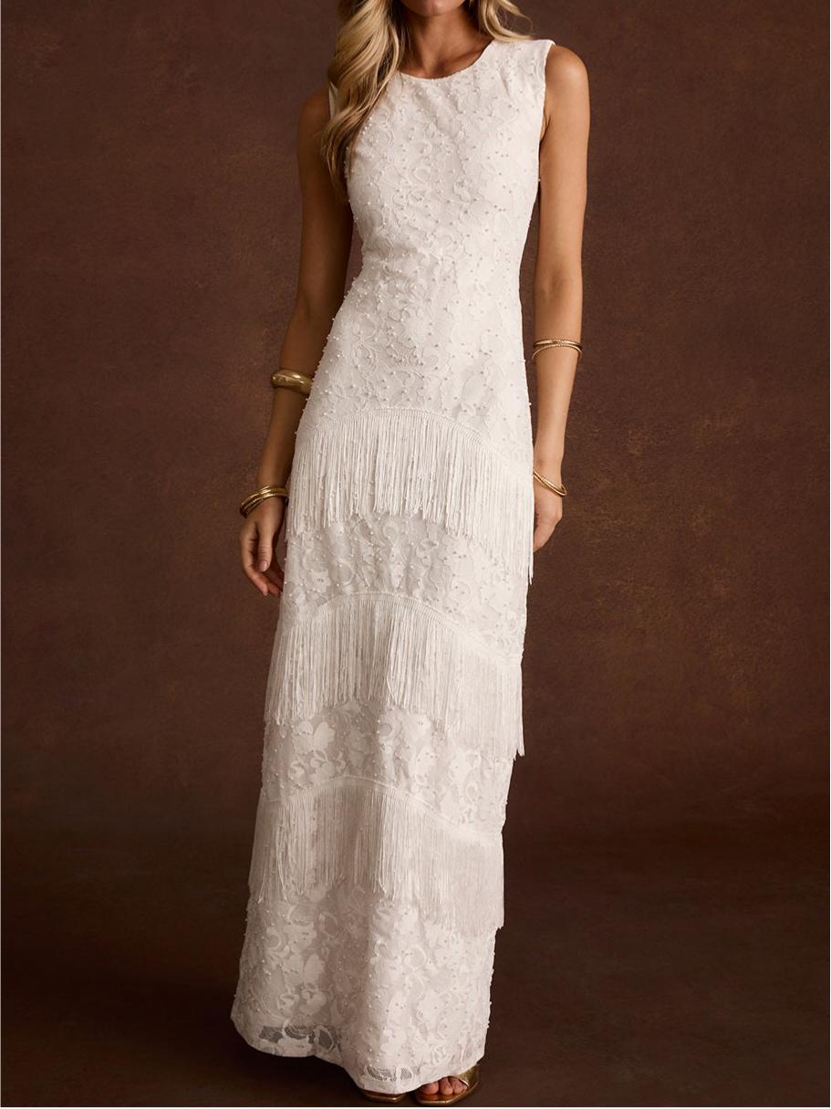 Shadows White Lace Fringe Maxi Dress