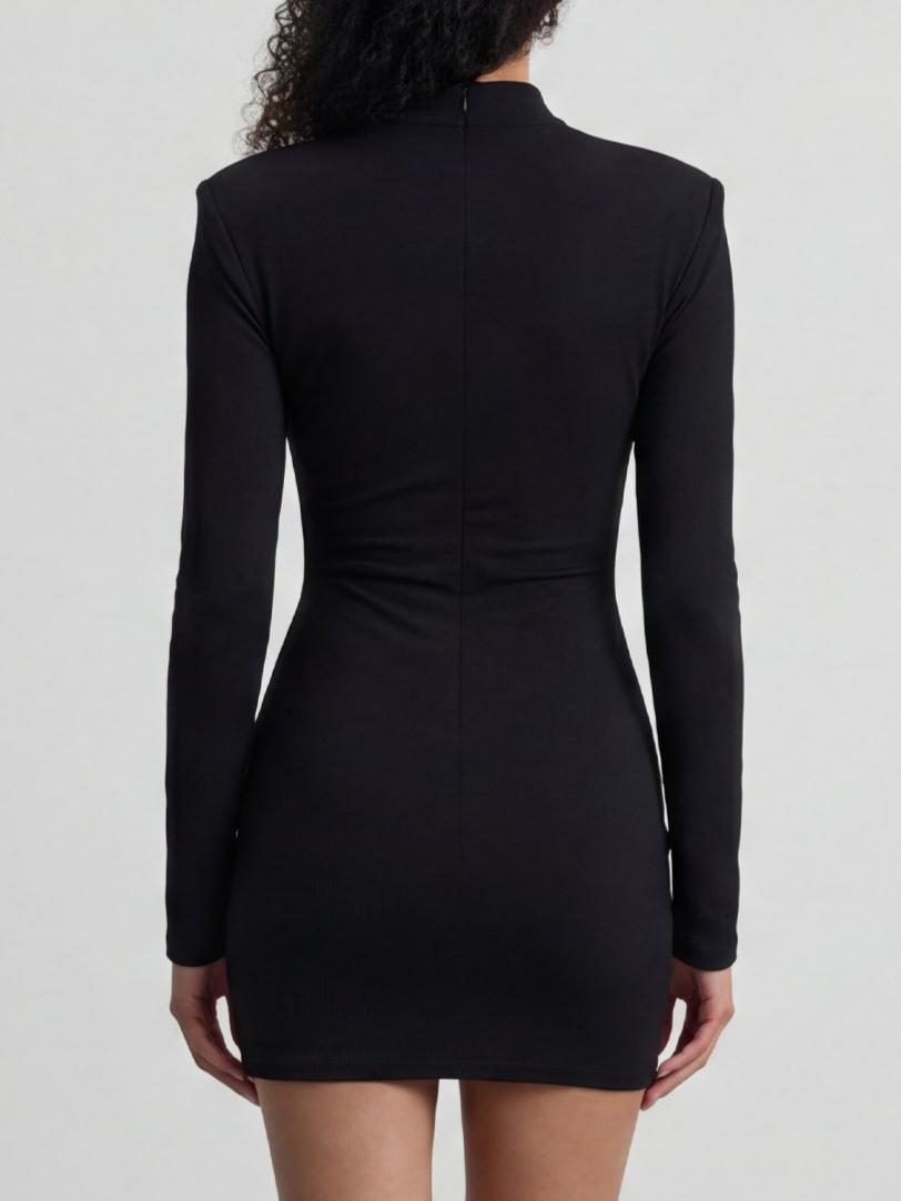 Long Sleeve Black Mini Dress With Gold Trims