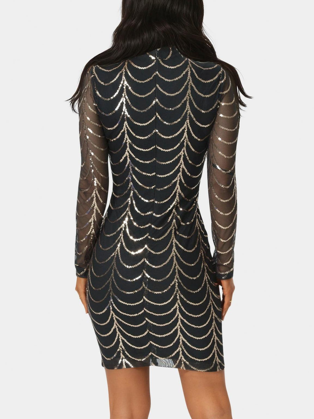 Long Sleeve Sequins Mesh Mockneck Mini Dress