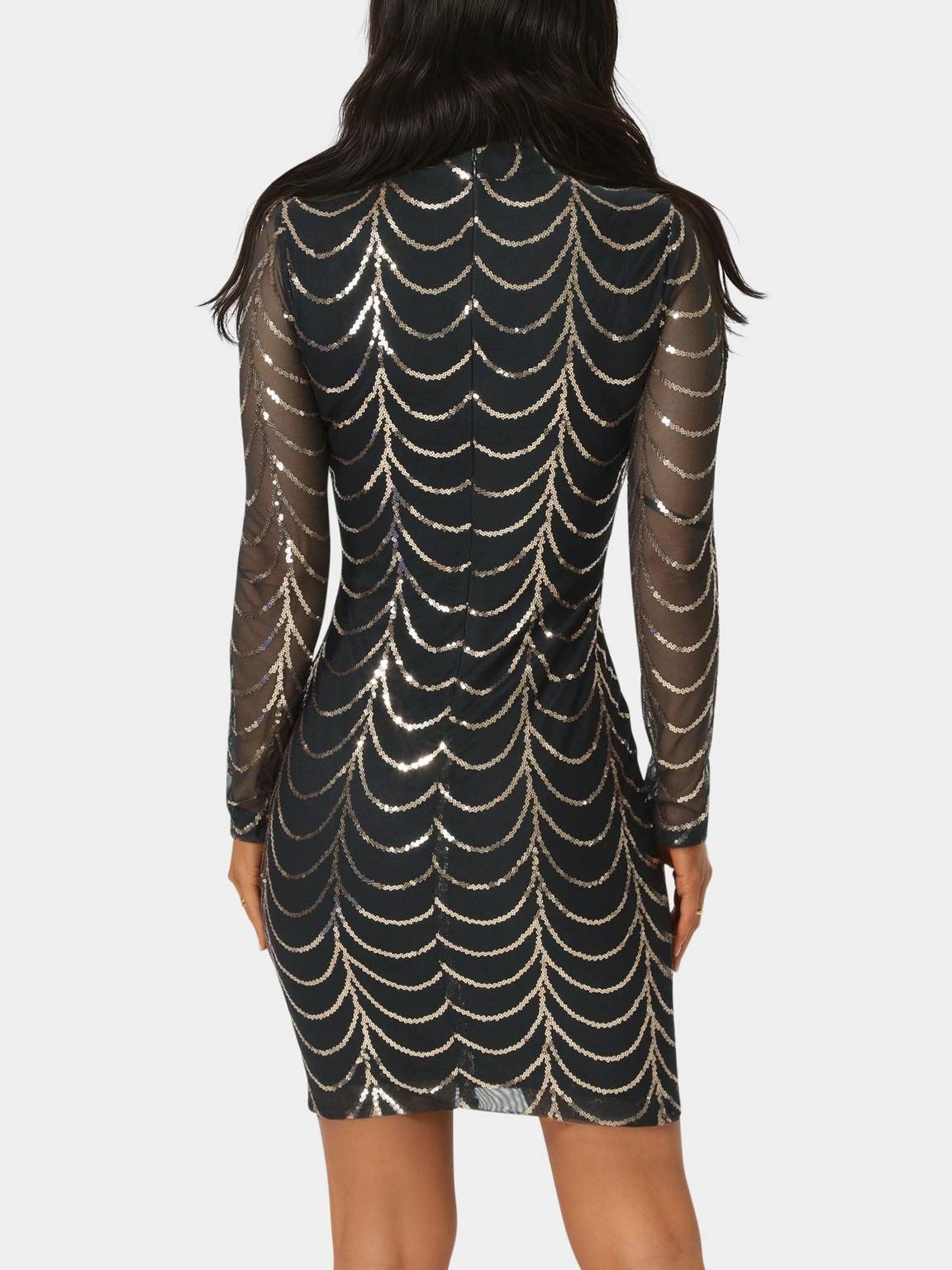 Long Sleeve Sequins Mesh Mockneck Mini Dress