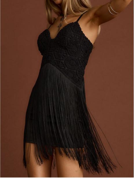 Finnley Black Crochet Fringe Mini Dress