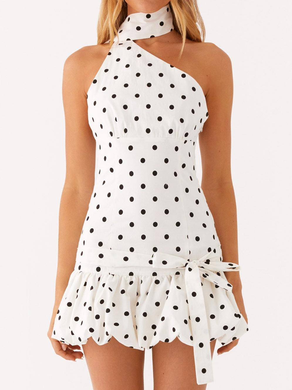 Belina Scarf Mini Dress - White Polkadot