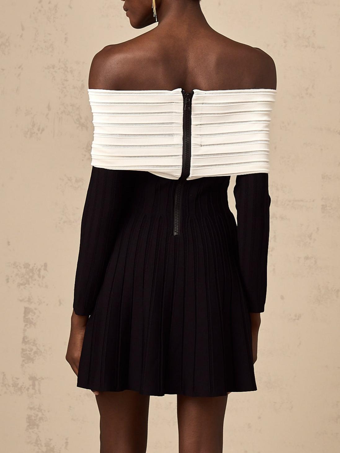 Justine Black Off-Shoulder Bow Knit Mini Dress