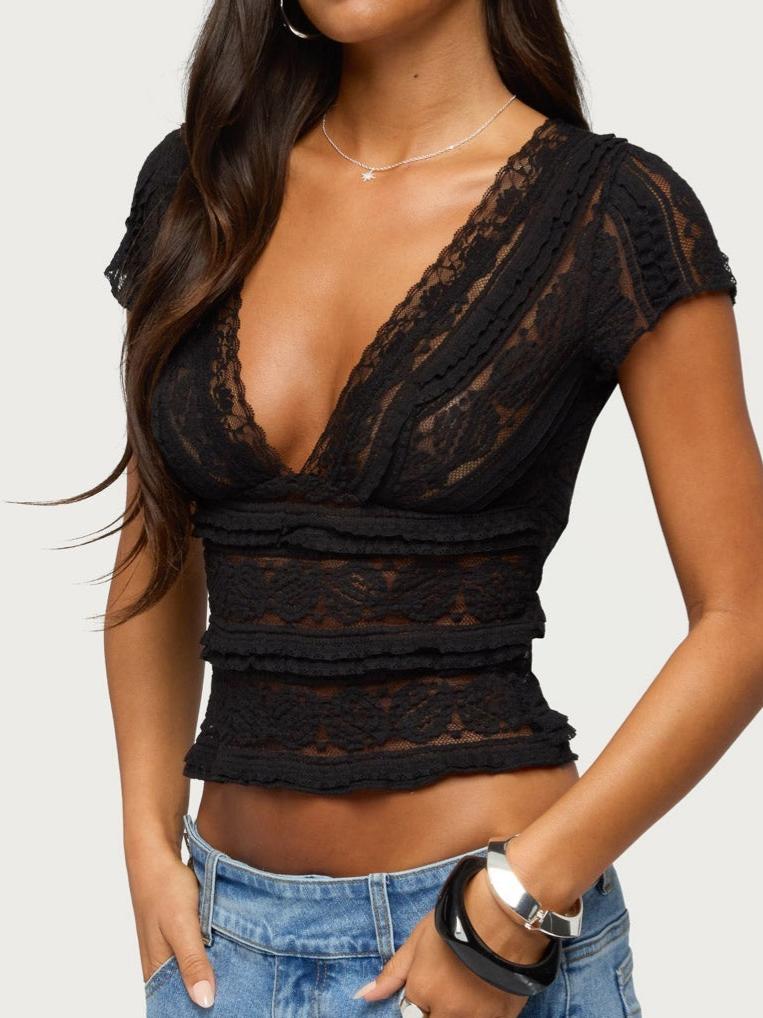 Avalee Sheer Lace V Neck Top