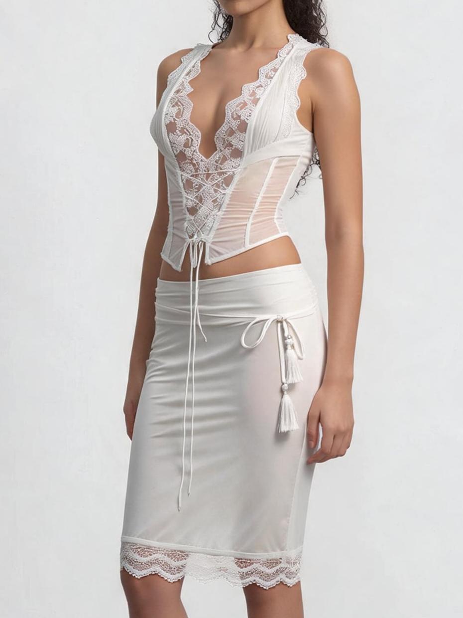 Sheer Lace Midi Skirt Two Piece Set
