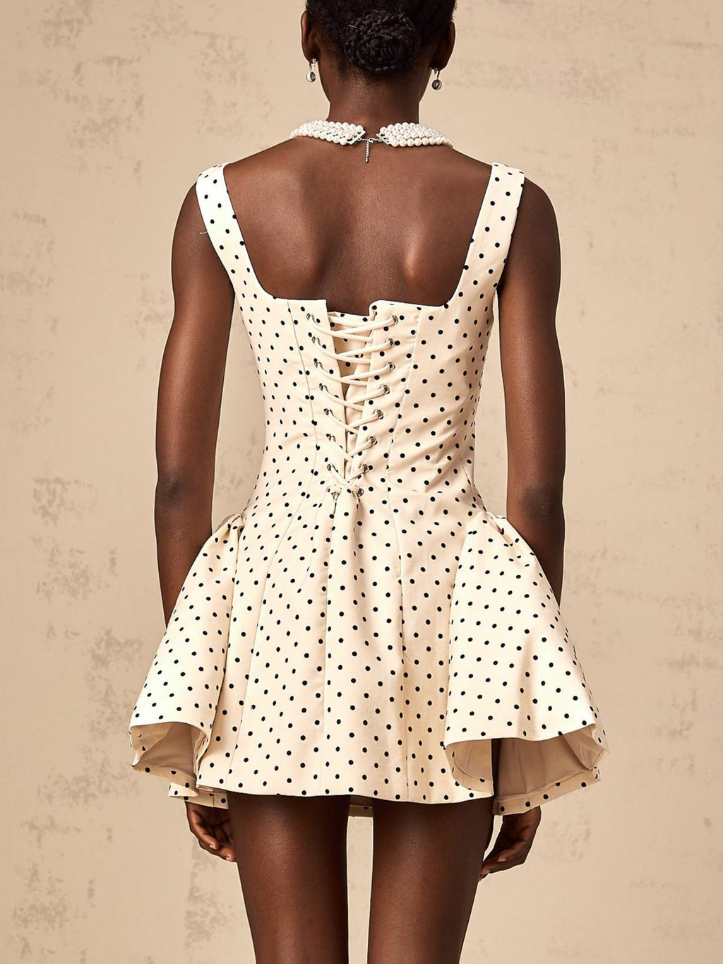 Geneviève Neutrals Polka-Dot Puff Mini Dress