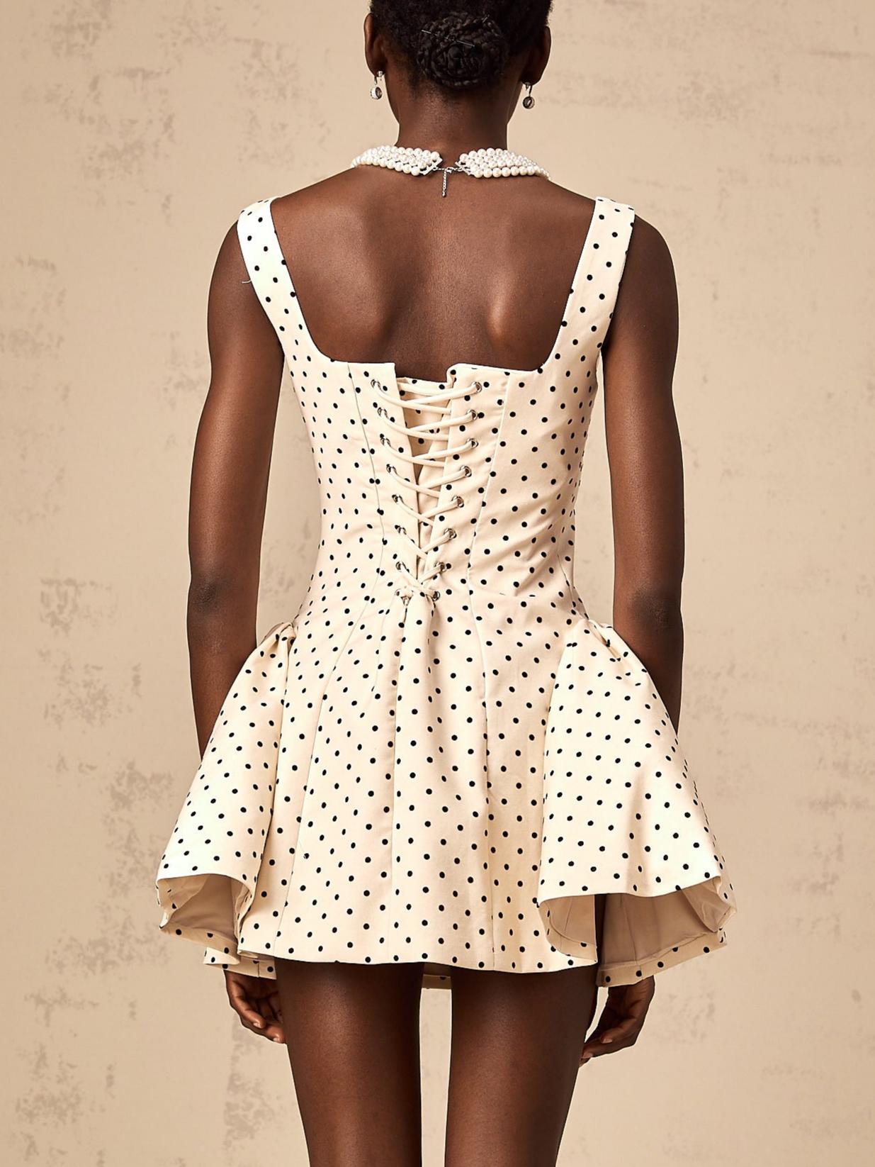 Geneviève Neutrals Polka-Dot Puff Mini Dress
