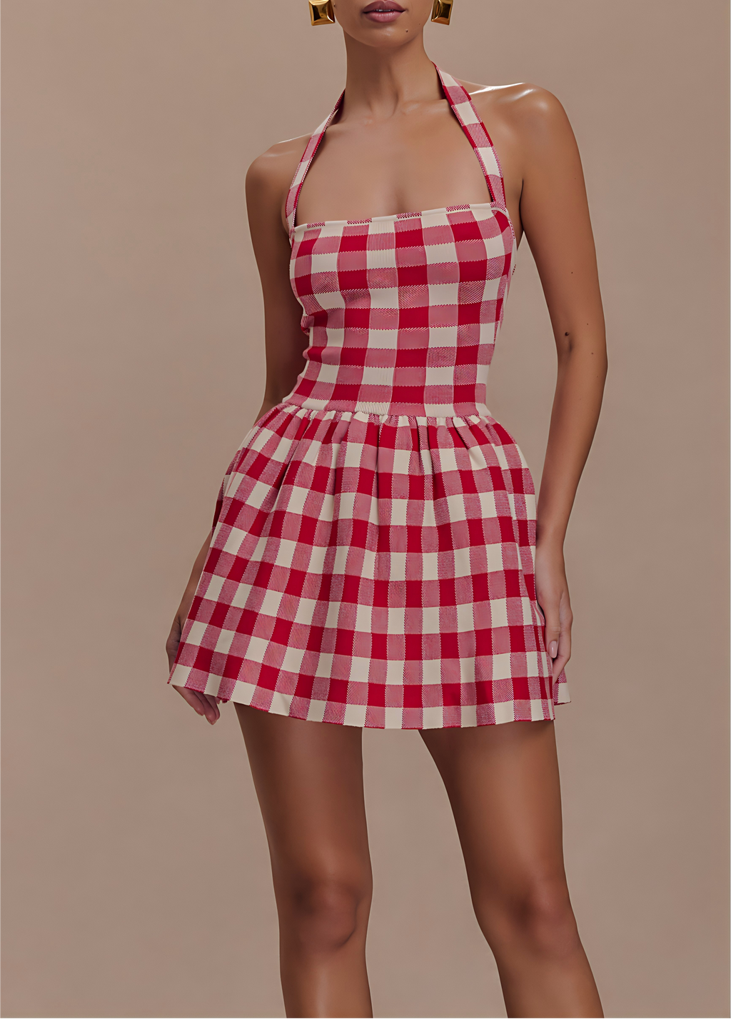 Halter Knit Mini Dress - Red Gingham