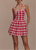 Halter Knit Mini Dress - Red Gingham