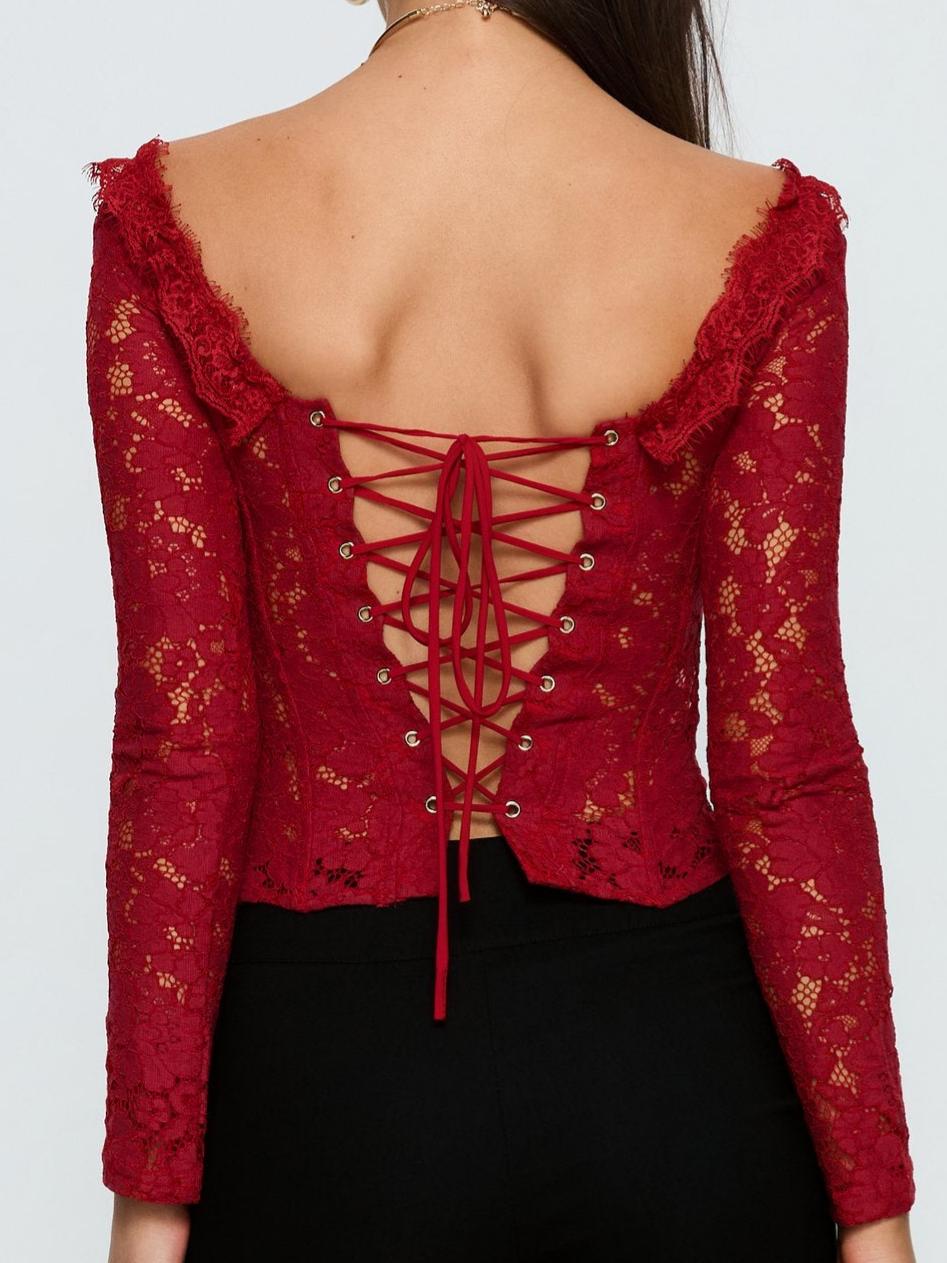 Miquela Long Sleeve Corset Lace Top Red