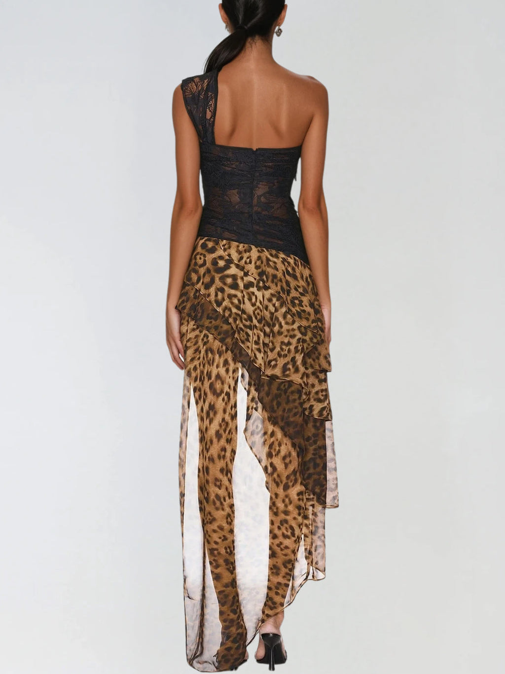 Raelira One Shoulder Lace Leopard Maxi Dress