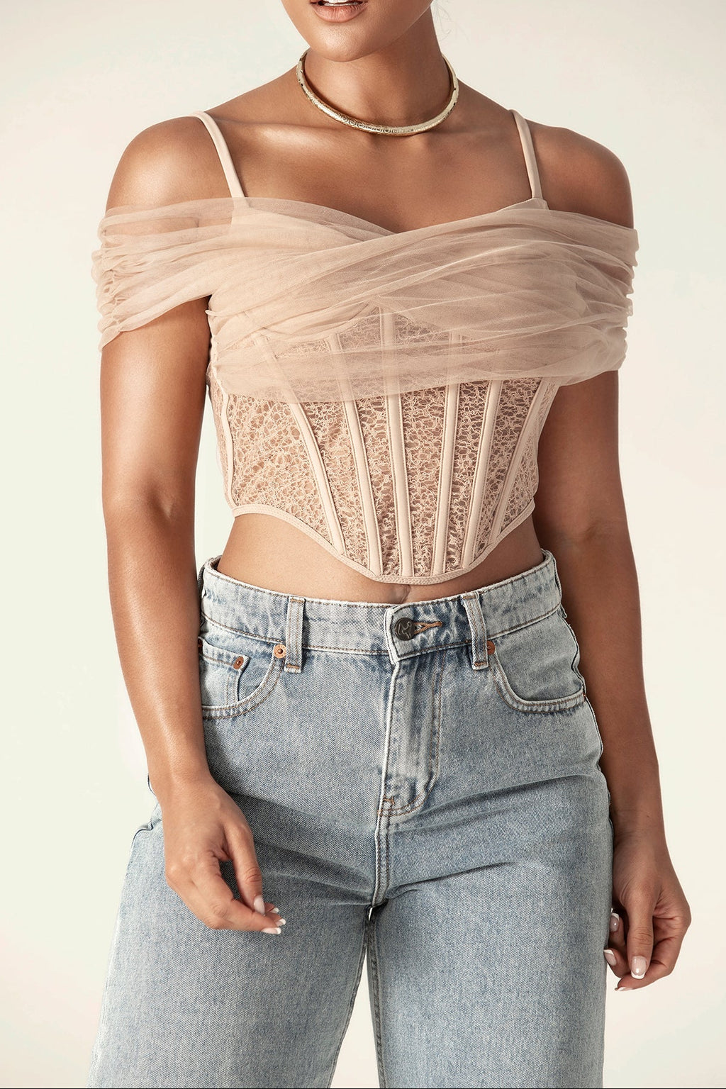 Paris Lace Off Shoulder Corset Top (Nude)