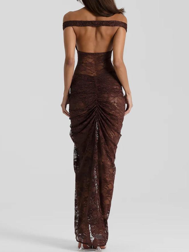 Lace Off Shoulder Ruched Maxi Dress