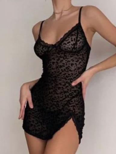 Siyah Mini Leopar Baskılı Transparan Elbise