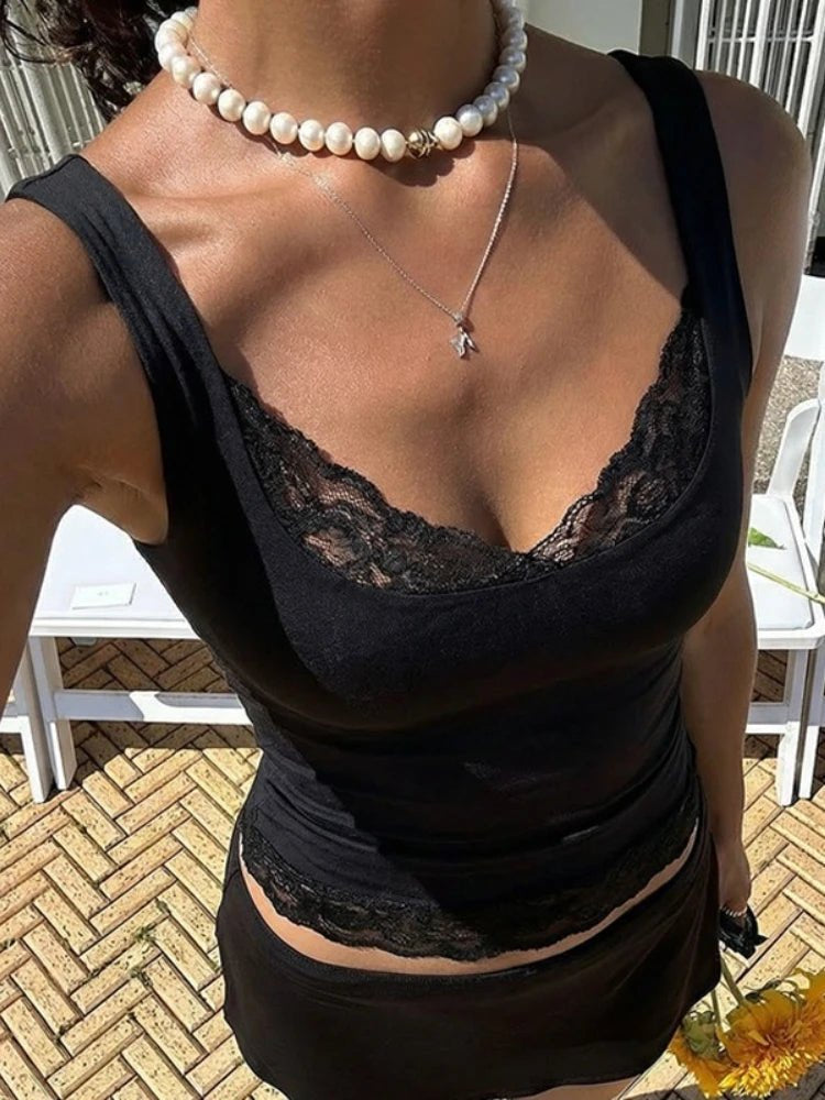 Sexy Lace Trim Solid Crop Tank Top