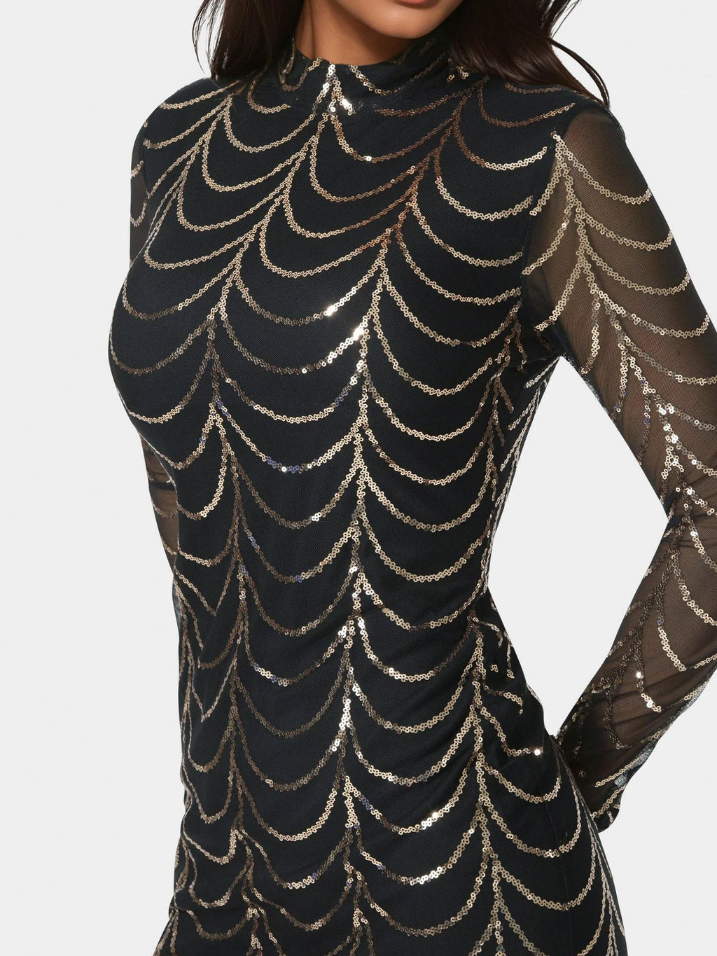 Long Sleeve Sequins Mesh Mockneck Mini Dress