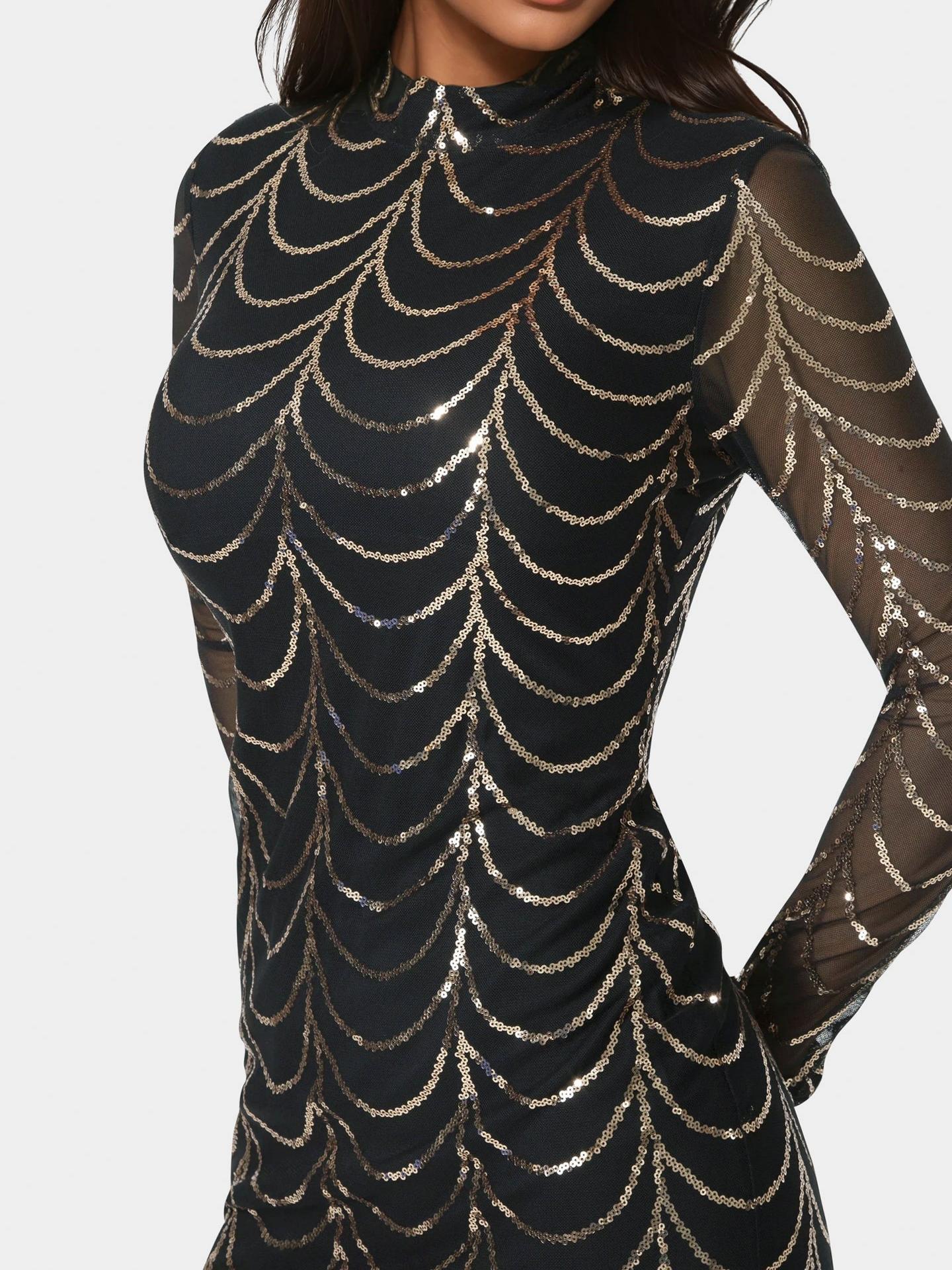 Long Sleeve Sequins Mesh Mockneck Mini Dress