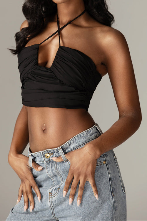 Davina Ruched Crepe Crop Top (Black)