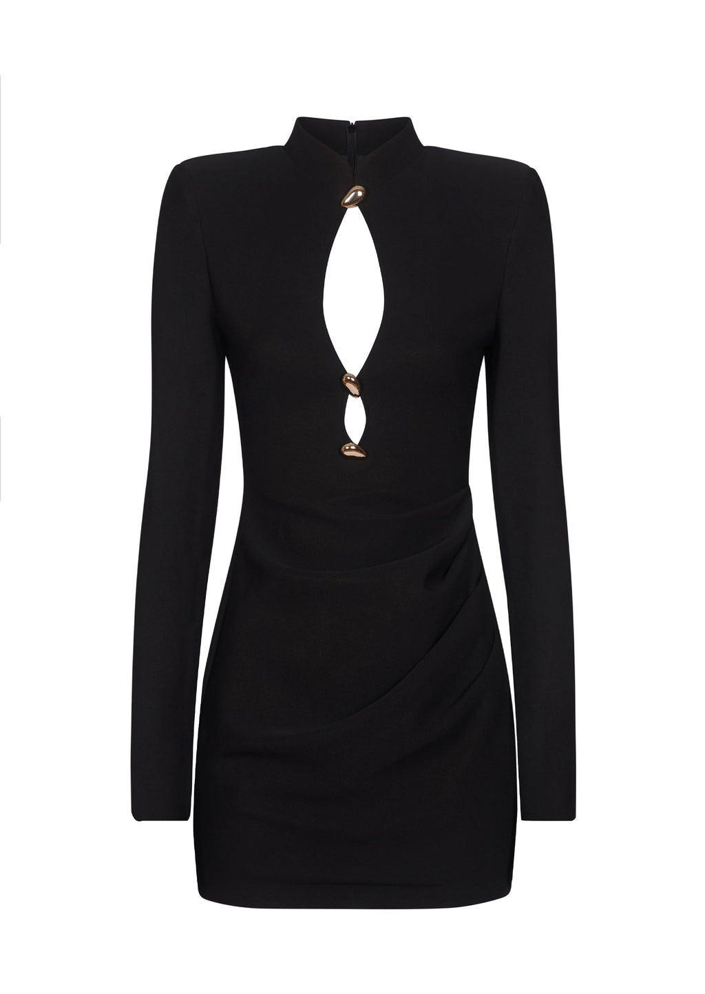 Long Sleeve Black Mini Dress With Gold Trims