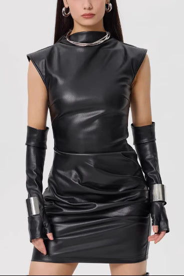 Bold High-Neck Leather Mini Dress