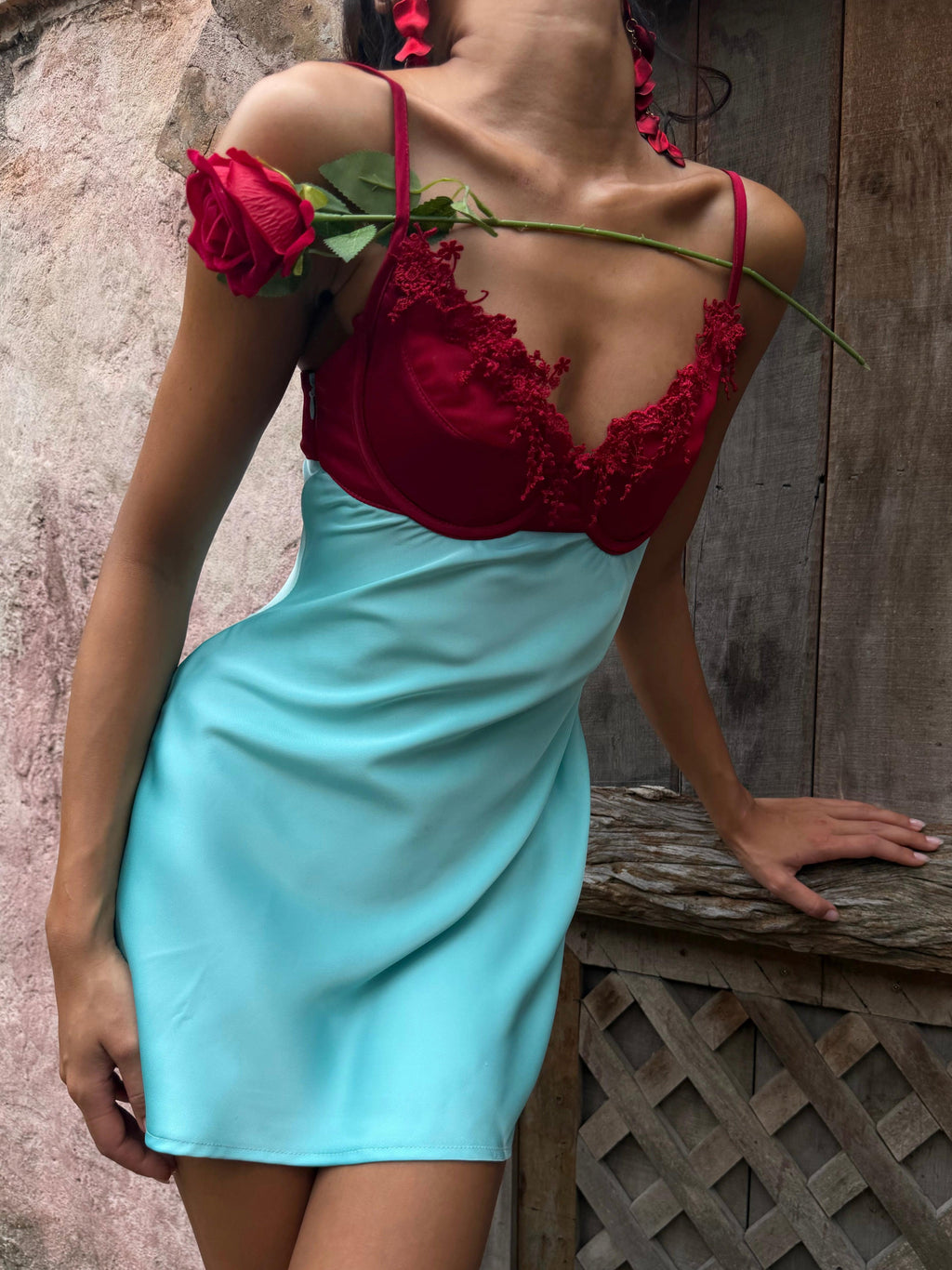 Two-Tone Lace Trim Satin Mini Dress