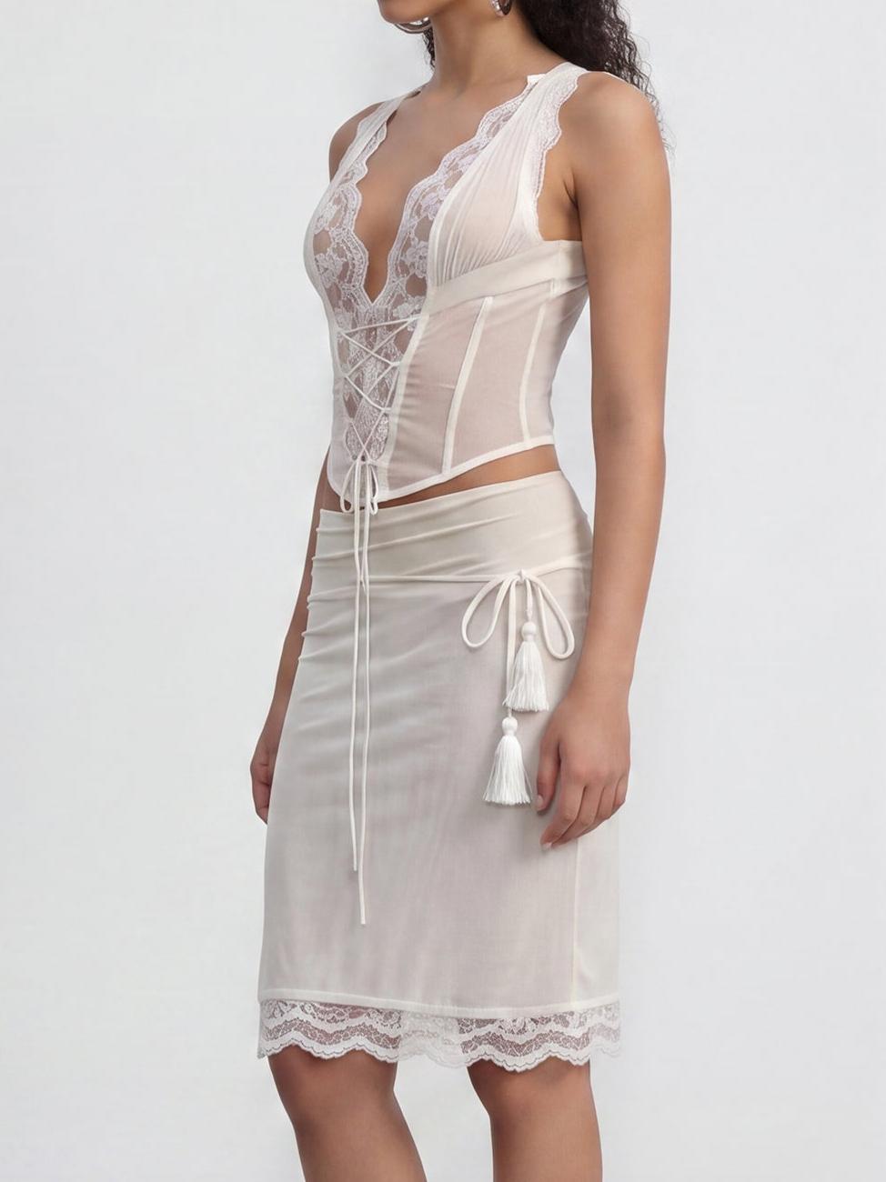 Sheer Lace Midi Skirt Two Piece Set