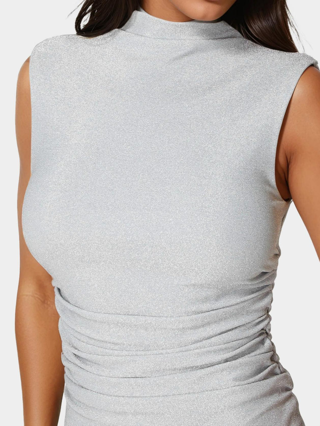 Milan Metallic Drape Neck Shirred Dress